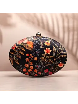 Woman Orange Floral And Leaves Printed Oval Clutch
