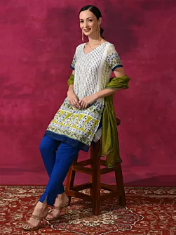 White Printed Kurta Pant With Dupatta