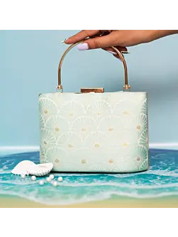 Woman Blue Pattern Embroidered Clutch