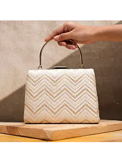 Women White And Golden Zigzag Embroidery Clutch