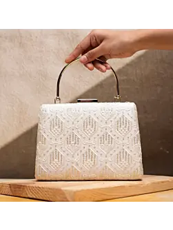 Women White Sequins And Thread Embroidery Clutch