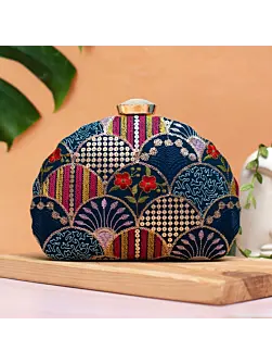 Woman Blue Sequins Embroidery Half Moon Clutch