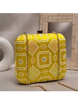Woman Yellow And White Thread Embroidery Clutch