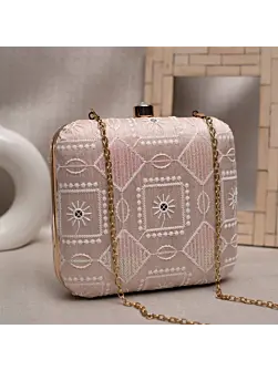 Women Pink And White Thread Embroidery Clutch