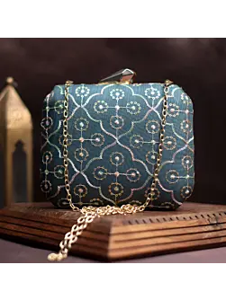 Woman Marine Blue Embroidery Party Clutch