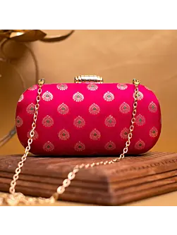 Pink Brocade Woven Fabric Party Clutch