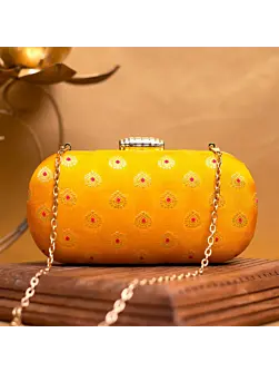 Women Yellow Brocade Fabric Party Clutch