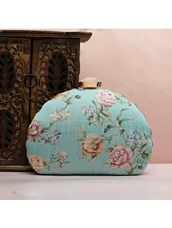 Women Turquoise Floral Printed Zari Embroidery Clutch