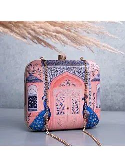 Women Light Pink Based Mughal Motif Printed Clutch