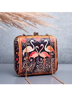 Woman Black Based Flamingo Printed Clutch