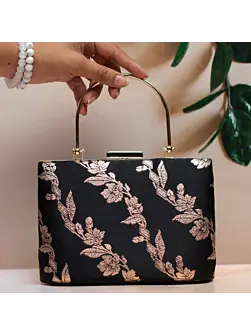 Women Black And Golden Floral Brocade Party Clutch