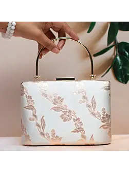 Women White And Golden Floral Brocade Party Clutch