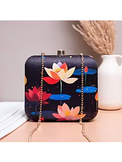 Woman Black Based Multicolored Lotus Printed Clutch
