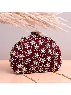 Women Maroon Based White Floral Embroidery Clutch