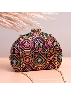 Woman Black Based Pink Threadwork Embroidery Clutch