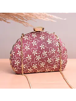 Woman Rosy Brown Based Floral Embroidery Clutch