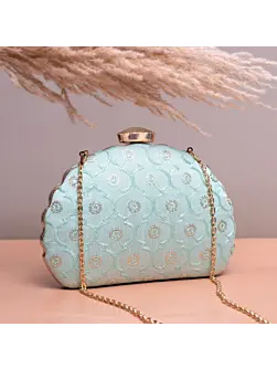 Woman Light Blue Based Sequins Embroidery Clutch
