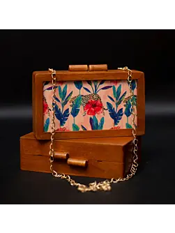 Women Red Flower Wooden Printed Clutch