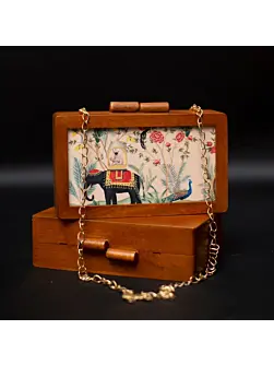 Women Royal Elephant Wooden Printed Clutch