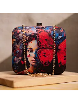Woman Red Butterfly Portrait Printed Clutch