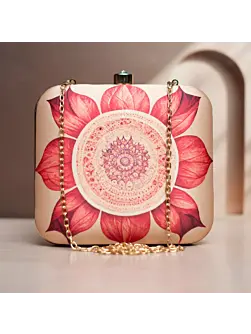 Woman Biege And Red Flower Printed Clutch