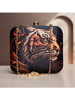 Woman Black Based Tiger Printed Clutch