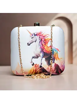 Woman White Based Unicorn Printed Clutch