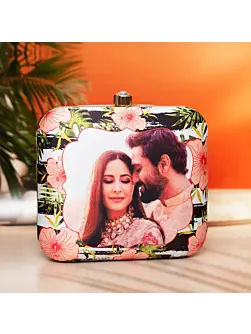 Woman Black and White Based Floral Printed Customized Clutch
