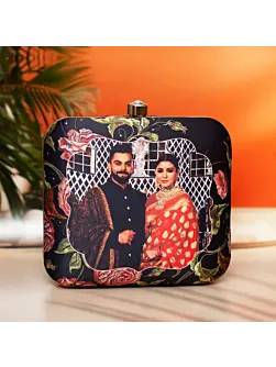 Women Black Based Floral Printed Customized Clutch
