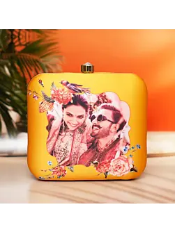 Women Mustard Based Printed Customized clutch