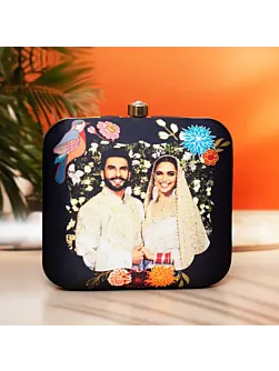 Women Bird and Flower Printed Black Customized Clutch