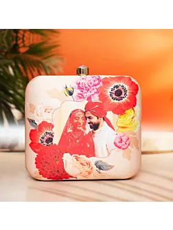 Woman Beige Based Floral Printed Customized clutch