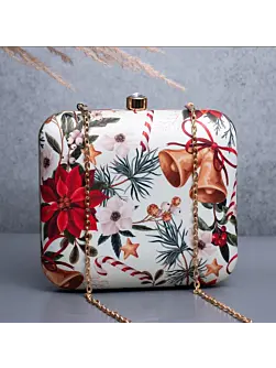 Women White Based Christmas Bells Printed Clutch