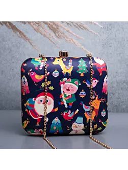 Woman Blue Based Cute Santa Claus Printed Clutch
