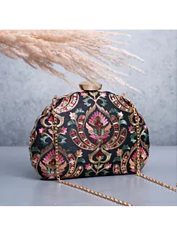 Woman Black Based Multicolored Threadwork Pattern Embroidery Clutch