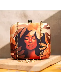 Woman Beige Floral Afro Women Portrait Printed Clutch
