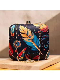 Women Black Based Feather Printed Clutch