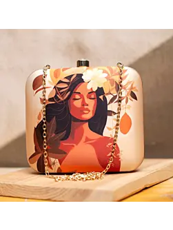 Beige Floral Women Portrait Printed Clutch