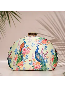 Women Peacock Printed D-shape Clutch