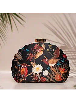 Women Black Bird Island Printed D-shape Clutch