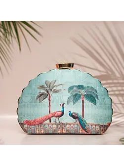 Women Peacock Pattern Printed D-shape Clutch