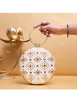 Woman White Based Golden Threadwork Embroidery Clutch