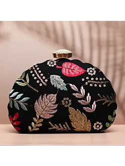 Women Black Multipattern Embroidery Party Clutch