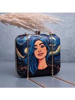Woman Blue Hair Girl Portrait Printed Clutch