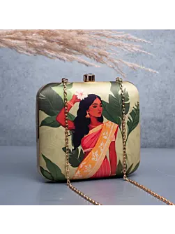 Woman Green Based Indian Girl Portrait Printed Clutch