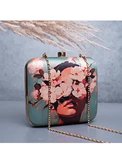 Woman Marine Green Based Floral Girl Portrait Printed Clutch