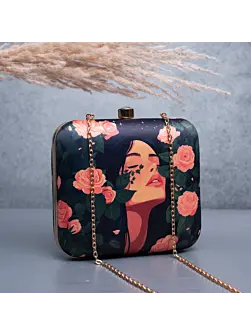 Women Rose And Girl Portrait Printed Clutch