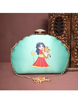 Women Blue Durga Printed D-Shape Clutch