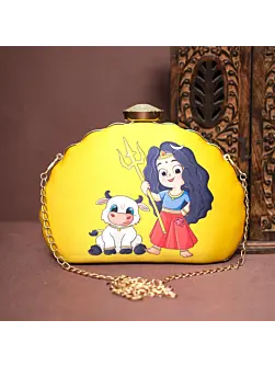 Women Yellow Durga Printed D-Shape Clutch