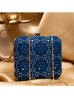 Women Blue Based Silver Threadwork Embroidery Clutch